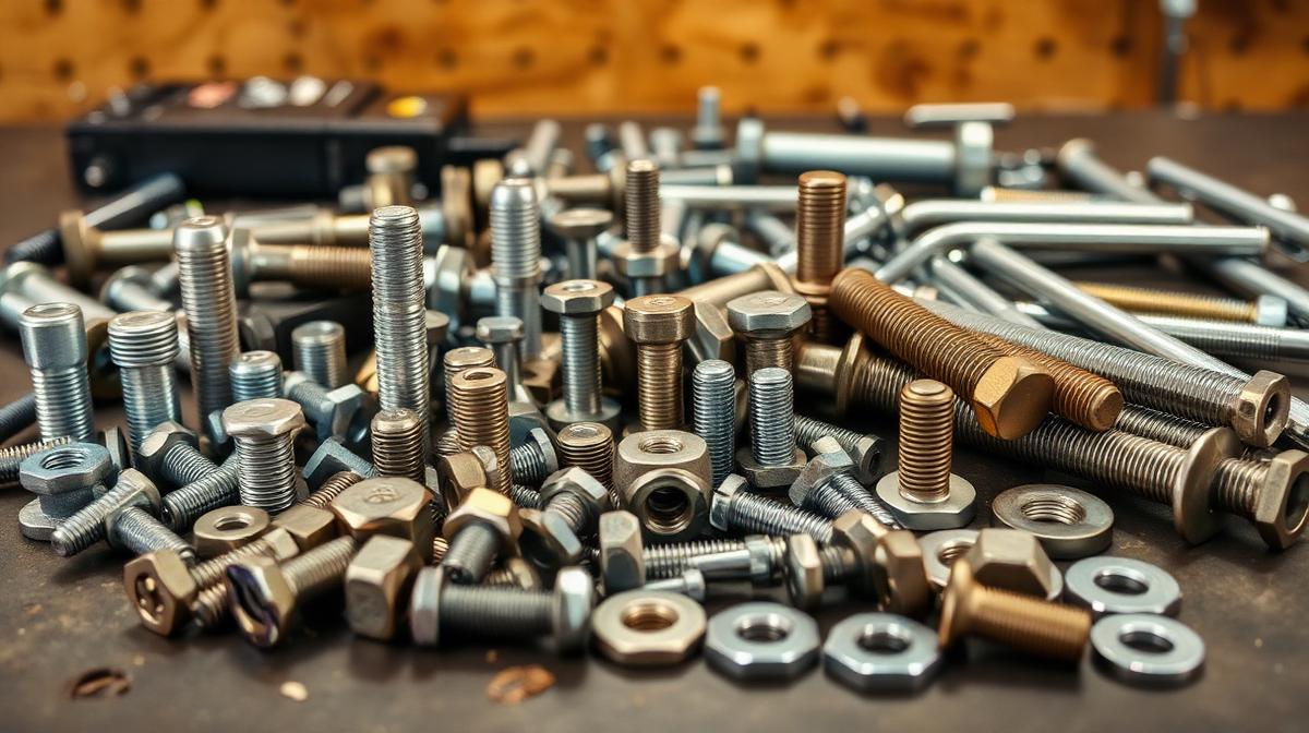 Various industrial fasteners including nuts, bolts, anchor fasteners, and threaded rods laid out on a workbench