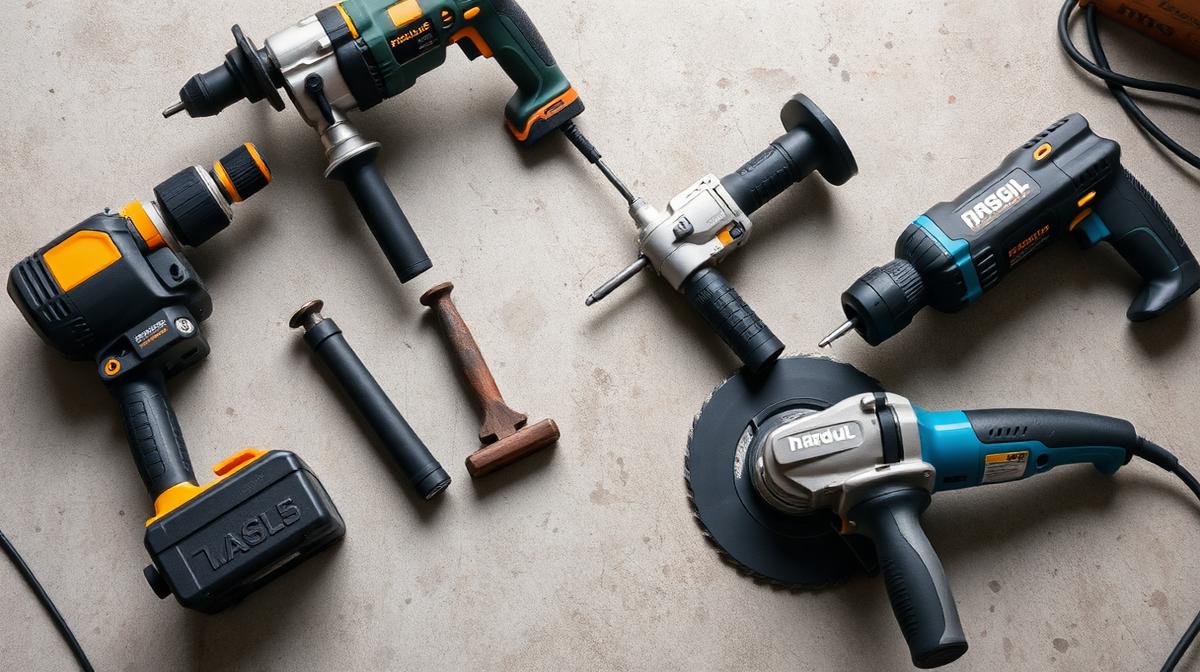 Collection of professional power tools including drill, grinder, and demolition hammer on a construction site